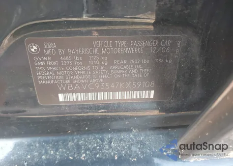 2007 BMW 328Xi Xi from USA, damaged, VIN WBAVC93547KX59108